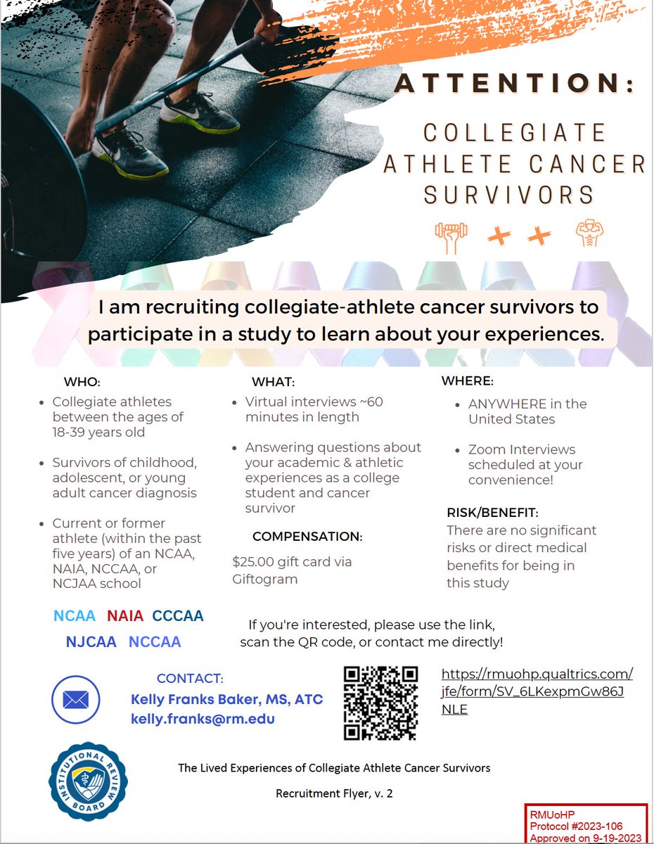 Kelly (Franks) Baker, PhD, ATC (@kellybakeratc) on Twitter photo ATTENTION! 🎗️🚨 I am a doctoral student <a href="/RMUoHP/">Rocky Mountain University of Health Professions</a>. My dissertation research explores the lived experiences of collegiate athletes in the US who have been diagnosed with cancer. If you know of anyone interested in participating, please share! rmuohp.qualtrics.com/jfe/form/SV_6L… ATTENTION! 🎗️🚨 I am a doctoral student <a href="/RMUoHP/">Rocky Mountain University of Health Professions</a>. My dissertation research explores the lived experiences of collegiate athletes in the US who have been diagnosed with cancer. If you know of anyone interested in participating, please share! rmuohp.qualtrics.com/jfe/form/SV_6L…