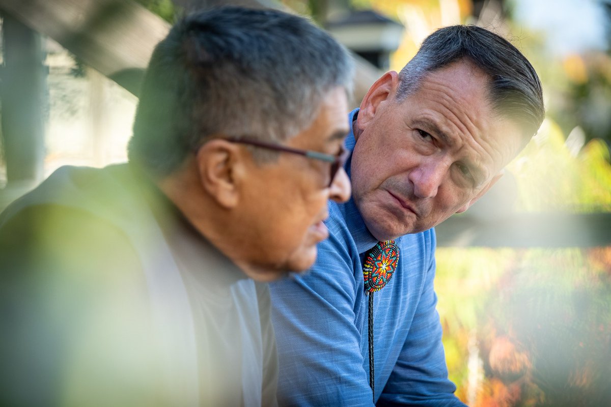 GregRickford's tweet photo. Speaking with @OgichidaaKav prior to the commencement of today's 150th anniversary celebrations for the signing of Treaty #3.

I appreciate the opportunity to sit down as friends and discuss family and leadership. https://t.co/wSfL5XK8nx