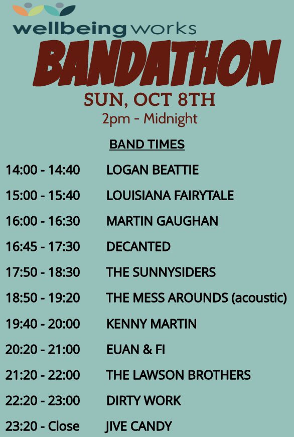 Here is our running order for the Bandathon on Sunday 8th October. Doors open at 1pm. Remember your tickets. Can’t wait to see you all. #supportlocal #supportlocalcharities #supportlivemusic #wellbeingworks