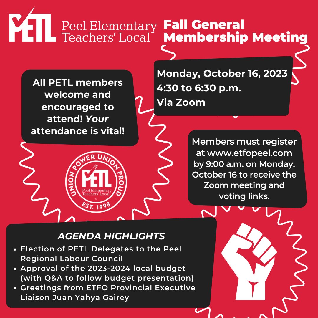 #PETL Members - Fall General Membership Meeting
Oct 16 virtually from 4:30-6:30pm
Elect our delegates to the Peel Regional Labour Council
Local budget presentation
Greetings from our ETFO Provincial Executive Liaison
Register to receive Zoom &amp; voting link: etfopeel.com/event/petl-gmm/
