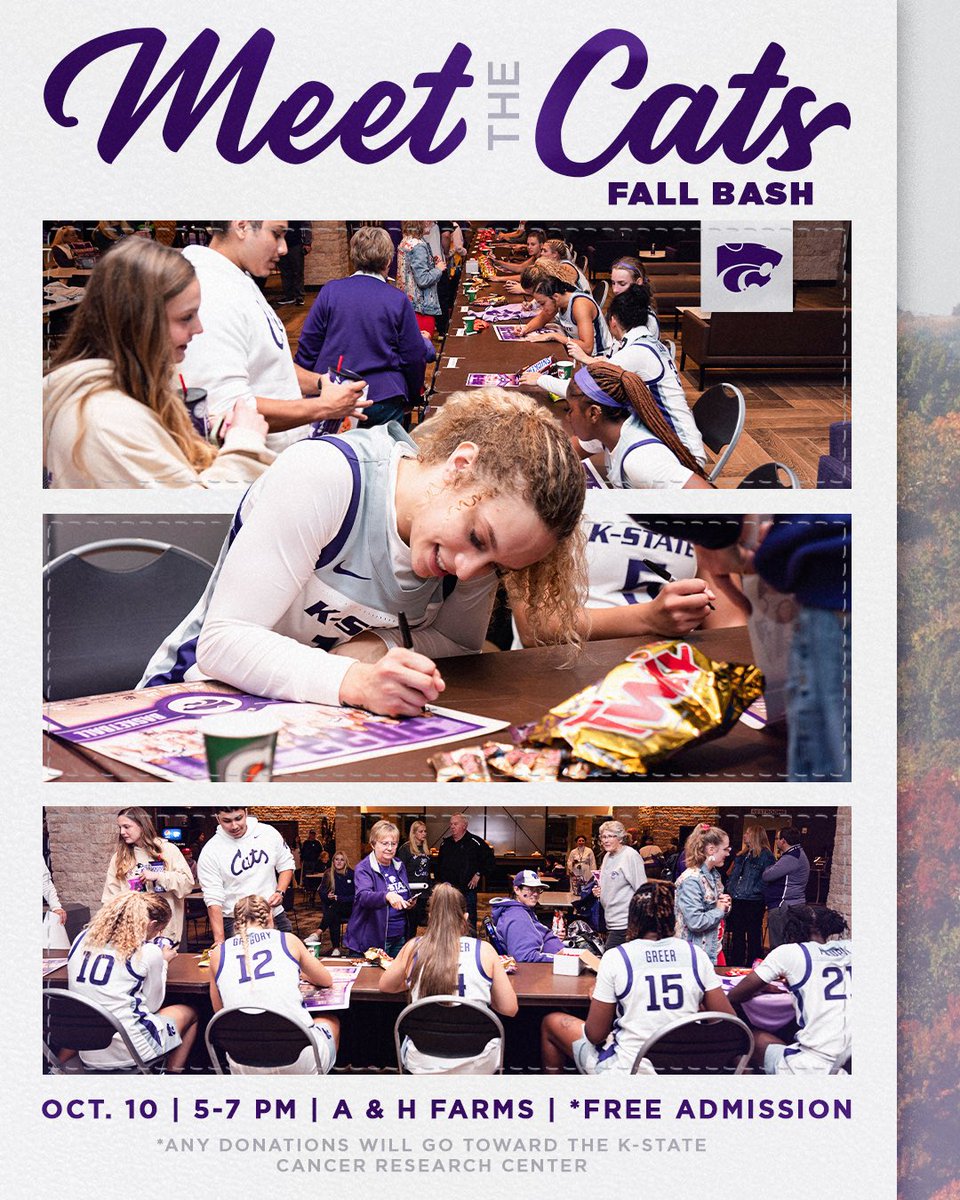 Elisabeth Brown (@bballbrown) on Twitter photo Youβre invited to the <a href="/KStateWBB/">K-State Women's Basketball</a> Fall Bash at A&H Farms! Enjoy all things Fall while hanging out with your favorite Cats.
1st 100 kiddos get free π Youβre invited to the <a href="/KStateWBB/">K-State Women's Basketball</a> Fall Bash at A&H Farms! Enjoy all things Fall while hanging out with your favorite Cats.
1st 100 kiddos get free π