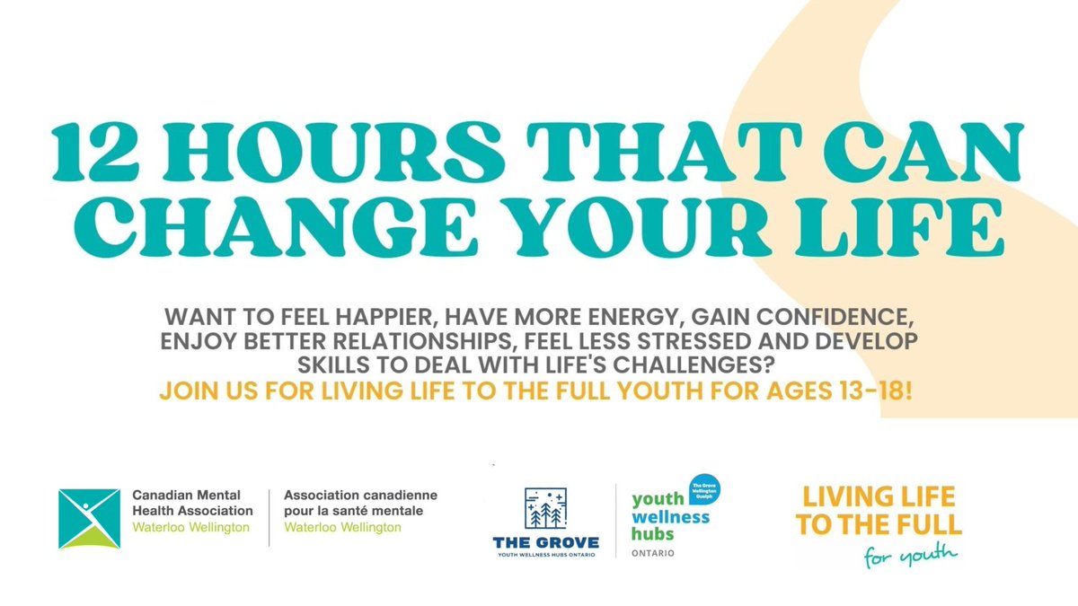 We're offering Living Life to the Full for Youth 13-18 yrs. 8-week course to help youth feel happier and less stressed, gain more energy and confidence, enjoy better relationships, and develop skills to deal with life's challenges in #Fergus @thegrovehubs forms.office.com/pages/response…