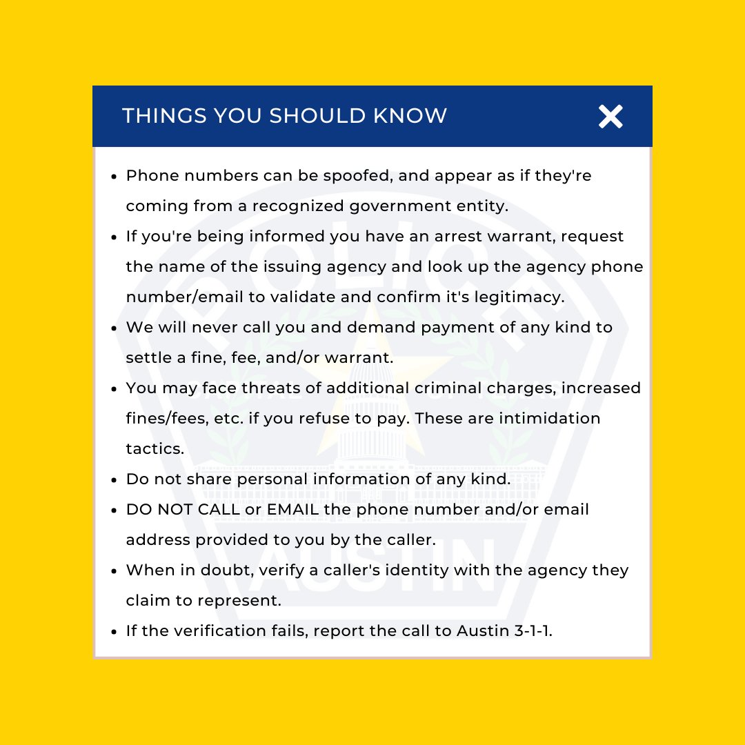 Austin_Police's tweet photo. We’ve been notified of several calls where the caller was impersonating an APD Sergeant and threatening arrest.
Please note that APD will not call and threaten anyone with an arrest. Please report scam calls to @ATX_311 or 512-974-2000. https://t.co/R06SU9Q0cf