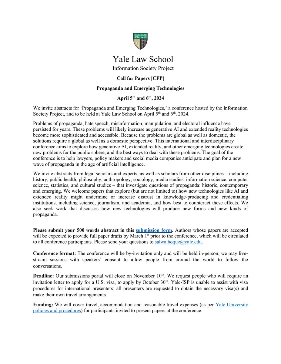 🚨 CFP 🚨 How does propaganda work in the age of AI? We invite papers that study historical, contemporary and emerging questions of propaganda. Submit abstracts for our international + interdisciplinary conference: 'Propaganda and Emerging Technologies': law.yale.edu/isp/initiative…