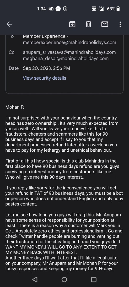 xavierdeepak's tweet photo. @ClubMahindra #Clubmahindracheaters I have not got any call back from you guys nor got the refund as promised in 90 days.I escalated to the senior leadership & member experience its a disgrace to call them even as leaders.. Ppl please be aware and don't allow club Mahindra reps they get the money and they are least bothered about what happens.. Horrible and horrendous customer service.. here is the proof of the rep promising 90 days and not processing the refund yet. It's more than 90 days and I haven't got my money yet from these cheaters with zero business ethics.. Please beware and don't get cheated. Im adding the proof of payment and their mails.. They have clearly missed commitment of 90 days