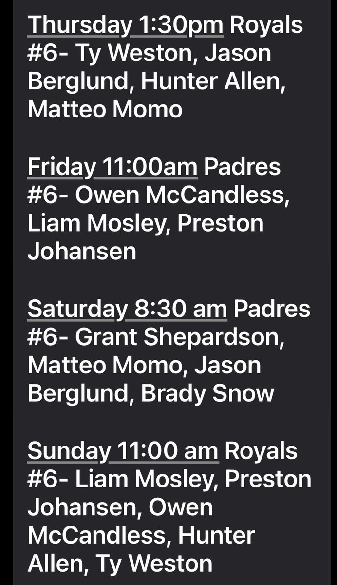 Pitching Rotation for Arizona Fall Classic

Pitching Thursday 1:30 pm @ Royals 6 &amp; Sunday 11 am @ Royals 6

Slammers Zavaras #5