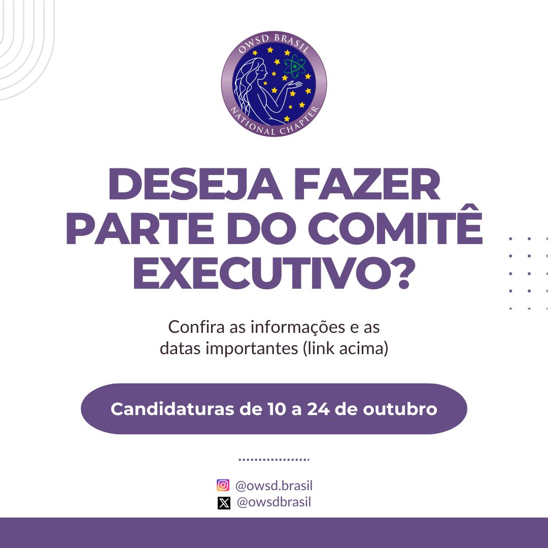 Ei membra, venha fazer parte do novo comitê executipo do Capítulo Brasileiro da Organização para Mulheres na Ciência do Mundo em Desenvolvimento (OWSD) 👩‍🚀🔬🧬🇧🇷. Não perca essa oportunidade, vamos juntas? Link:🔗linktr.ee/owsd.brasil #CiênciaBrasileira #LiderançaFeminina #OWSD