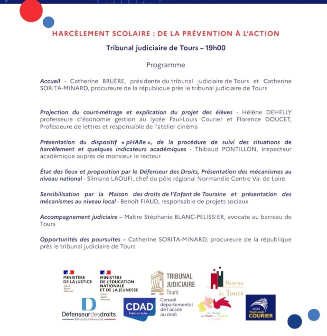 ProcureureTours's tweet photo. "HARCÈLEMENT SCOLAIRE : de la prévention à l'action"
➡️ Au tribunal de TOURS, jeudi prochain 4 octobre. 19h 21h
✅️ projection-débat
Ouvert au public (sur inscription) ⤵️ 
scom.tj-tours@justice.fr
⤵️ https://t.co/oyM1gFM8eq