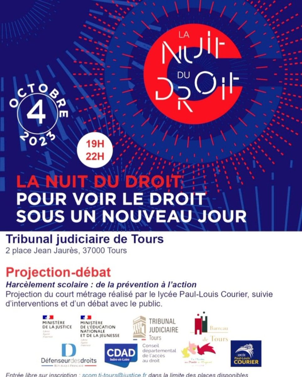 ProcureureTours's tweet photo. "HARCÈLEMENT SCOLAIRE : de la prévention à l'action"
➡️ Au tribunal de TOURS, jeudi prochain 4 octobre. 19h 21h
✅️ projection-débat
Ouvert au public (sur inscription) ⤵️ 
scom.tj-tours@justice.fr
⤵️ https://t.co/oyM1gFM8eq