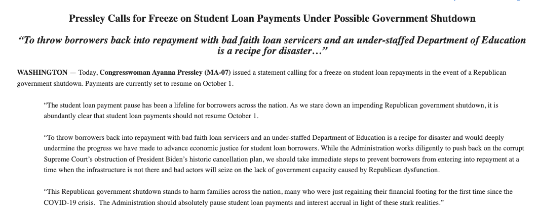RepPressley's tweet photo. As we hurdle towards a Republican government shutdown, student loan payments should NOT resume on October 1. https://t.co/IgXhPcZvCf