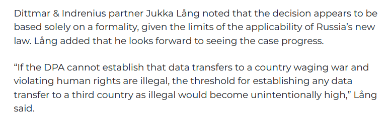 Hyvä, että tietosuojavaltuutettu täsmensi aiempaa tiedotettaan #tietojensiirrot-asiassa. Suomi on Yango-päätöksen osalta Euroopan laajuisen huomion kohteena. Oma kommenttini asiasta Global Data Review'n haastatteluun alla globaldatareview.com/article/russia…: