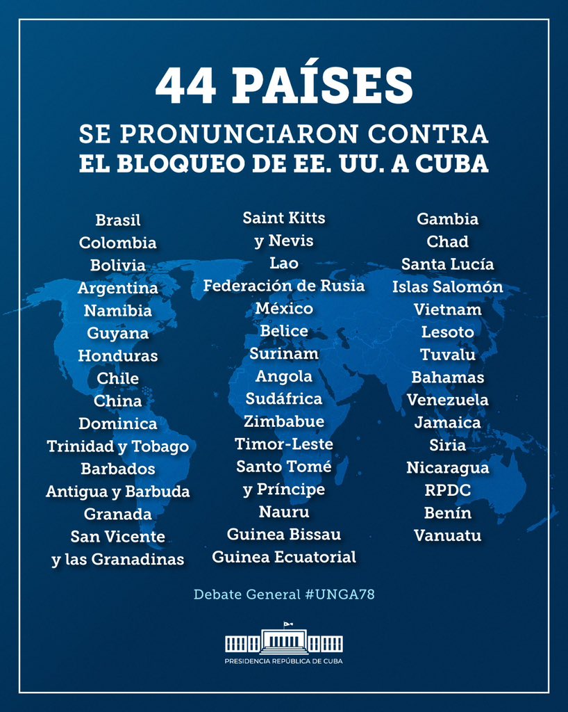 Cuando el imperio endurece el #Bloqueo y los anexionistas frustrados dicen que es nuestro pretexto, 44 países demandan el fin de esa criminal política contra #Cuba en los discursos de sus representantes de alto nivel en la #UNGA78 y #USA calla ¿Hasta cuándo?