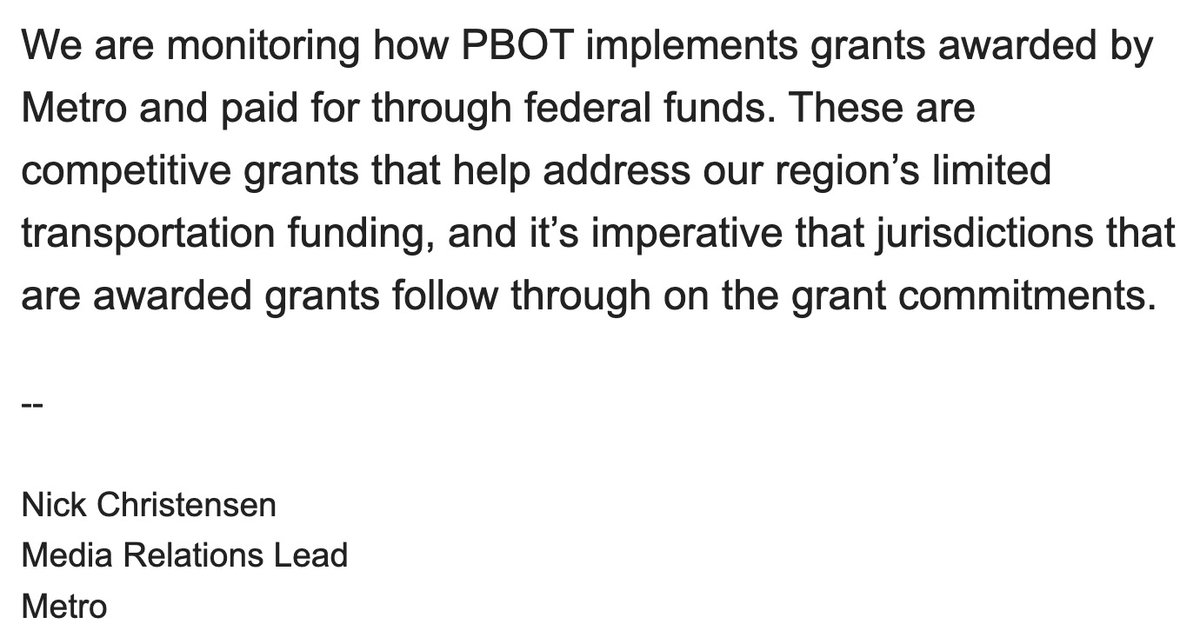 Just FYI and FWIW, I asked <a href="/oregonmetro/">Metro</a> if they had anything to say about <a href="/PBOTinfo/">Portland Bureau of Transportation</a> attempt to make major changes to the Broadway bike lane... since the bulk of the funding came from Metro. 

If @CommMapps wants to make major changes, he might run afoul of Metro.