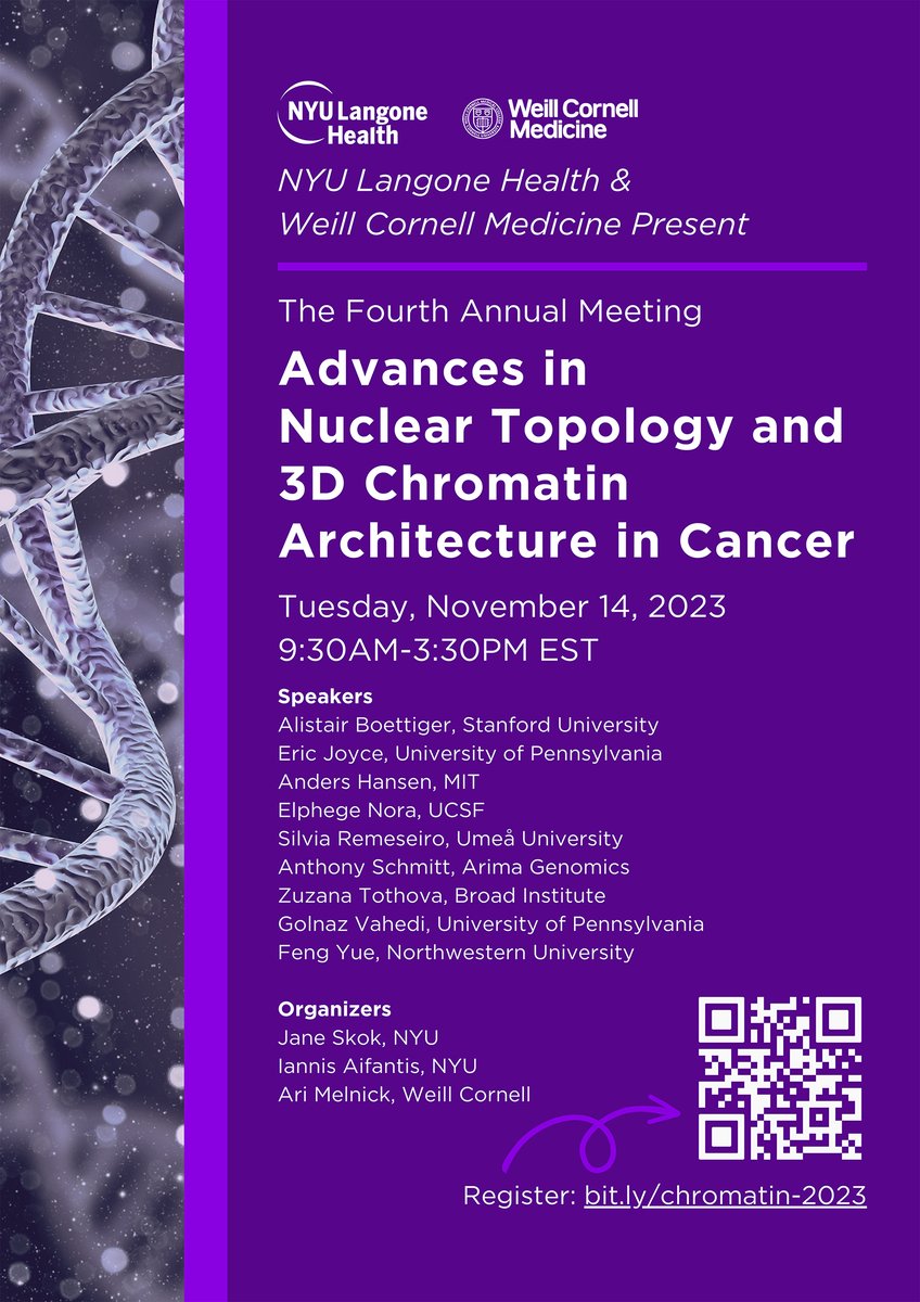 Don't miss our fantastic "3D nuclear topology in cancer" virtual Symposium coming this November. We are lucky to have a number of prominent figures in the field presenting brand new work! Organized by <a href="/jane_skok/">Jane Skok</a> <a href="/LabMelnick/">Melnick Lab</a> ...<a href="/NYUGSOM_Path/">NYU GSOM Pathology</a> <a href="/nyugrossman/">NYU Grossman School of Medicine</a> &amp; <a href="/WeillCornell/">Weill Cornell Medicine</a>