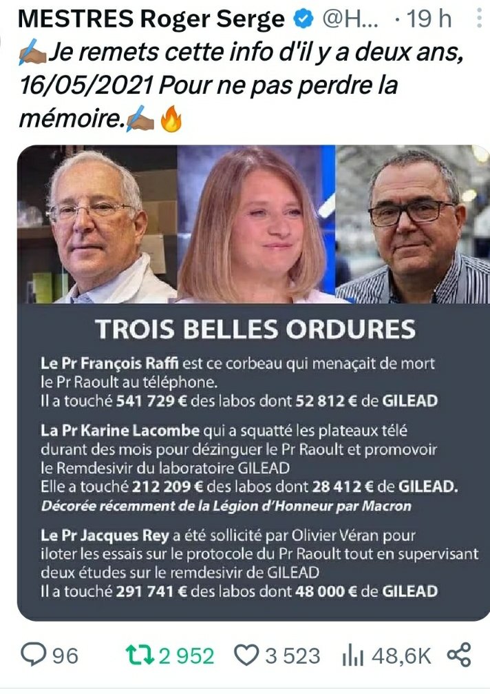 JaneOfArc6's tweet photo. @ordre_medecins @SantePubliqueFr @institutpasteur @Sante_Gouv Ah la SC$ENCE .....le "consensus scientifique"
PS des survivants attendent encore les compensations pour le #SangContaminé #H1N1 #VIOX
..... https://t.co/Or7CuEByua