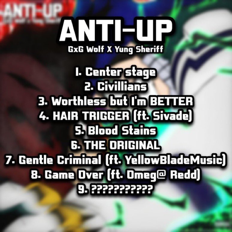I am excited to announce mine and @YvngSheriff Joint Album, Anti-Up.

9 Tracks 
4 Heros 
4 Villains 
All my hero academia Themed 
3Fts the rest me and sheriff 
2 producers Nobody and Absolute Xero

Art done by the amazing Mathew Storm 

Release date? October 20th