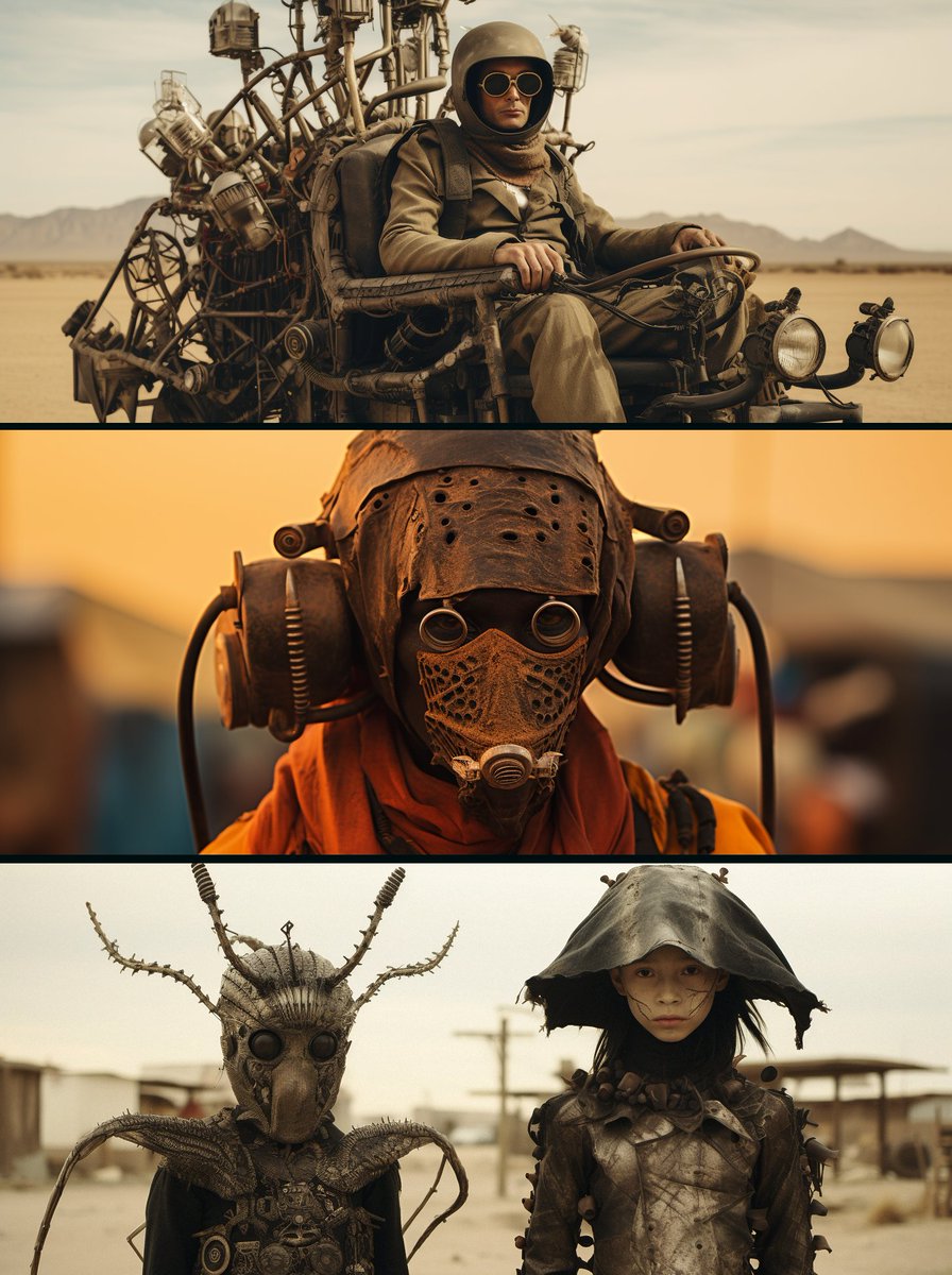 ☀️Gm! with a Salvagepunk prompt. Prompt: A [desert town] in the style of salvagepunk, dark and eerie, intricate costumes, precisionist lines, made of insects, subtle, [earthy tones], hasselblad --ar 16:9 #midjourney #promptshare