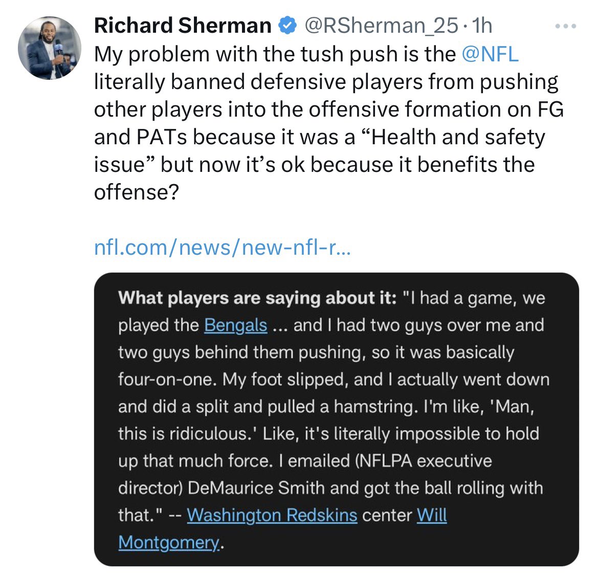 jasrifootball's tweet photo. 𝗧𝗥𝗘𝗡𝗗𝗜𝗡𝗚: Richard Sherman makes an interesting point when talking about the ‘tush push’

“My problem with the tush push is the NFL literally banned defensive players from pushing other players into the offensive formation on FG and PATs because it was a "Health and safety issue" but now it's ok because it benefits the offense?”

This could come off as a double standard and showing favoritism towards the offense and helping them score more points because more points = more $$

What do you guys think?