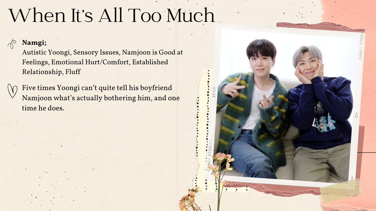 hurtcomfortfest's tweet photo. 🌸 When It's All Too Much || Namgi

✨ G-rated, 1.3k, no archive warnings apply
🔗 https://t.co/HlpszxIQXy https://t.co/vPmfrIx92D
