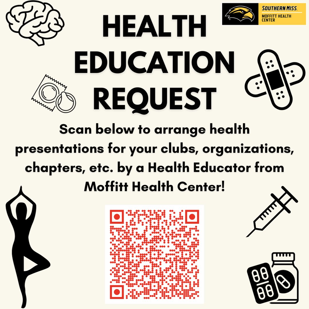 USMhealth's tweet photo. Do you need a Health Education Presentation for your Dorm floor, Chapter meeting or student organization? Scan this QR code to fill out your request and we can make it happen! #SMTTT #mhcttt #stayhealthyeagles https://t.co/FGu4MqXqgs