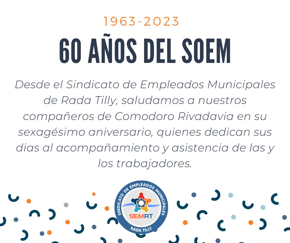 Saludamos a Omar Unquen y Comisión Directiva en este día donde se cumple 60 años de la creación de su entidad gremial.
El trabajo sindical es fundamental para proteger y mejorar las condiciones laborales de los trabajadores.
Silvia Monsalve y Comisión Directiva.