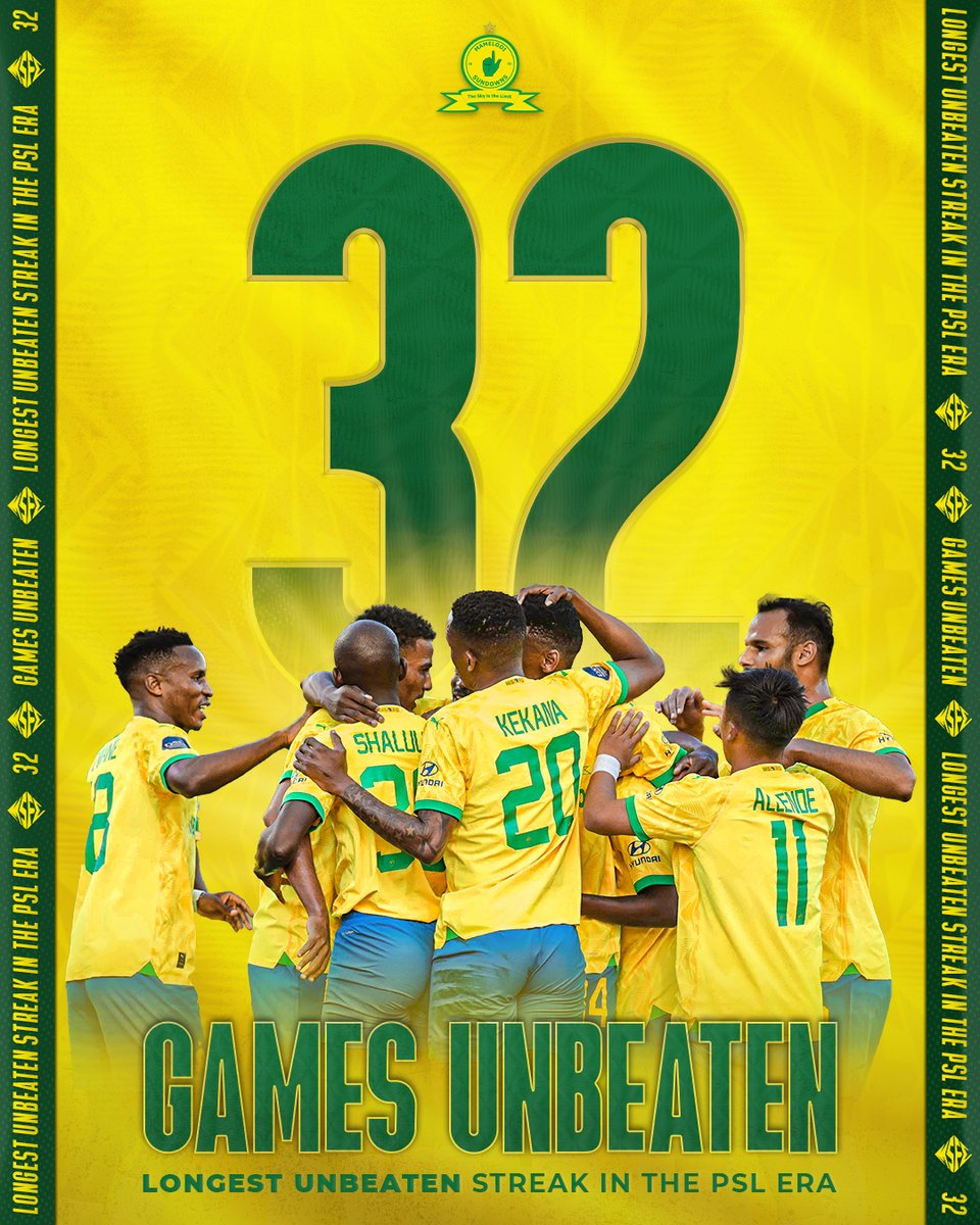 3⃣2⃣ 𝗟𝗘𝗔𝗚𝗨𝗘 𝗚𝗔𝗠𝗘𝗦 𝗨𝗡𝗕𝗘𝗔𝗧𝗘𝗡! The Brazilians set a new 𝗟𝗘𝗔𝗚𝗨𝗘 𝗥𝗘𝗖𝗢𝗥𝗗 for the longest streak of unbeaten games in PSL History! 👆 #Sundowns #DStvPrem