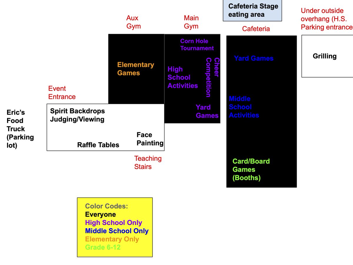Due to the weather forecast, tonight's Homecoming Community Game Night will be held indoors at the Bryan MS/HS building. Bring your family and your appetites as there is a LOT of food and fun to be had.
Please see the info below to locate all the activities at the 6-12 building.