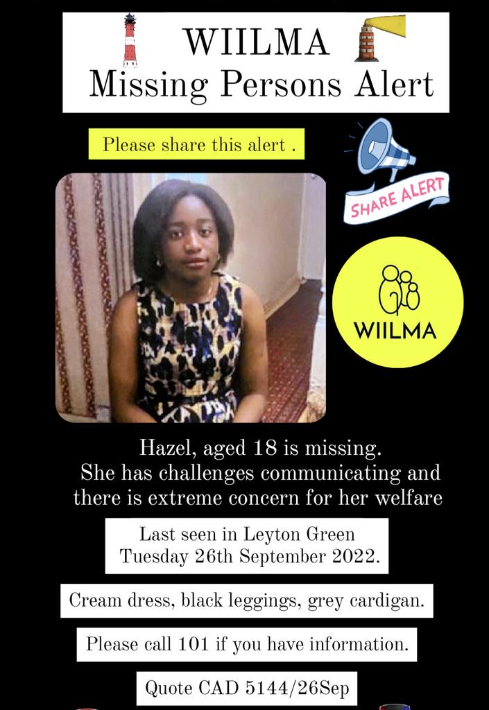 WIILMAMusicArts's tweet photo. Please share
Missing persons alert
Hazel, aged 18 is missing.
She has challenges communicating and there is extreme concern for her welfare.
Last seen in Leyton Green Tuesday 26th September 2023.
Please call 101 if you have information.
Quote CAD 5144/26Sep
#missingpersonsalert https://t.co/XbhLRvOQKT