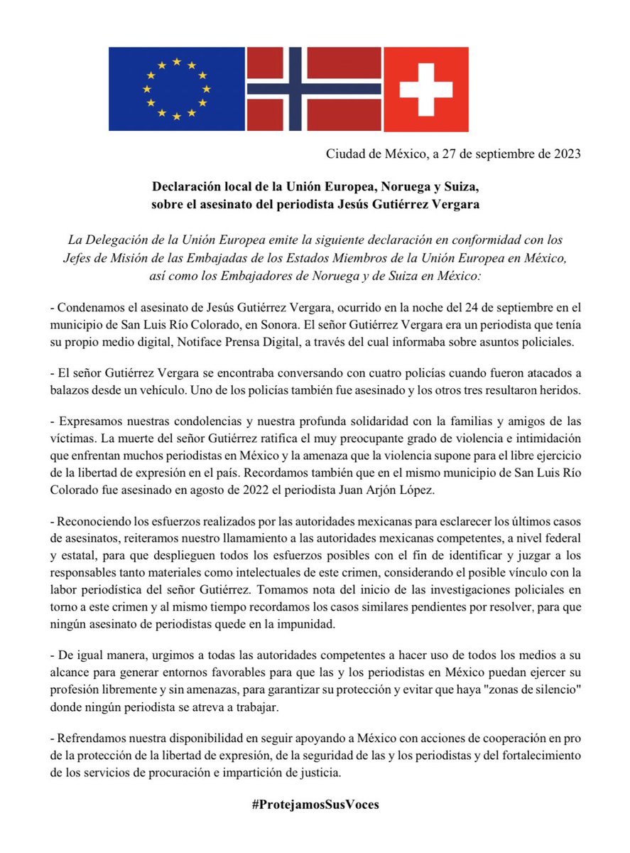 ⚠️ Declaración local de la Unión Europea, Noruega y Suiza, sobre el asesinato del periodista Jesús Gutiérrez Vergara
🔗 europa.eu/!FTJkvX
 
#ProtejamosSusVoces