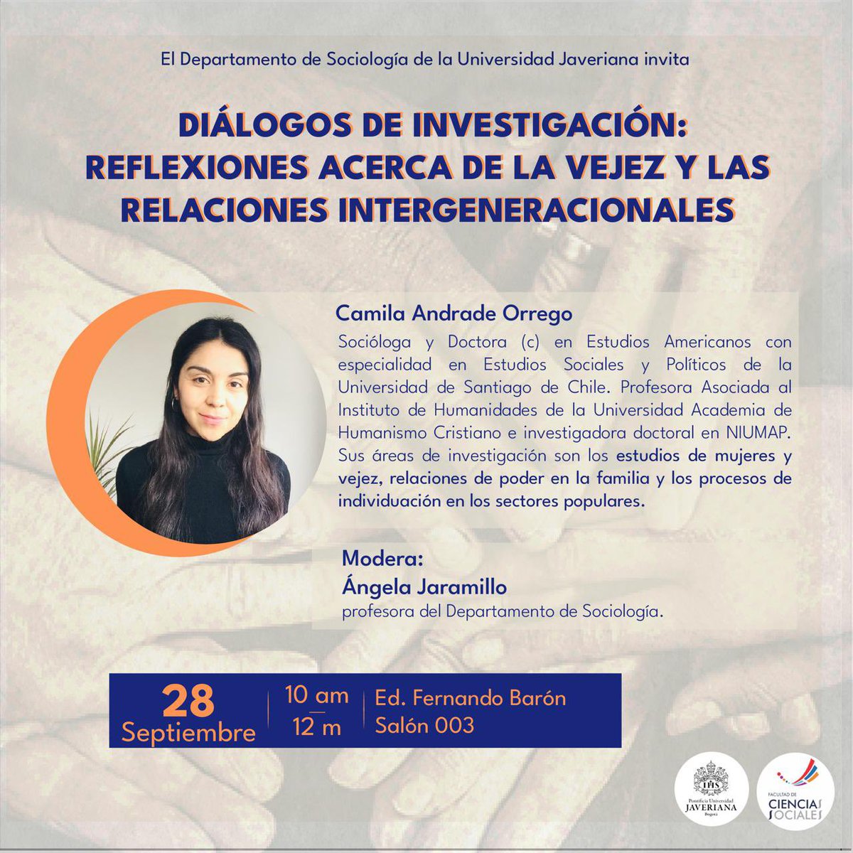 NIUMAP (@niumap_cl) on Twitter photo Mañana la integrante de NIUMAP Camila Andrade dictará la conferencia “Diálogos de investigación: reflexiones acerca de la vejez y las relaciones intergeneracionales” en modalidad virtual desde los canales de la Universidad Javeriana de Colombia <a href="/UniJaveriana/">Pontificia Universidad Javeriana</a> <a href="/cami_adr/">Camila Andrade Orrego</a> Mañana la integrante de NIUMAP Camila Andrade dictará la conferencia “Diálogos de investigación: reflexiones acerca de la vejez y las relaciones intergeneracionales” en modalidad virtual desde los canales de la Universidad Javeriana de Colombia <a href="/UniJaveriana/">Pontificia Universidad Javeriana</a> <a href="/cami_adr/">Camila Andrade Orrego</a>