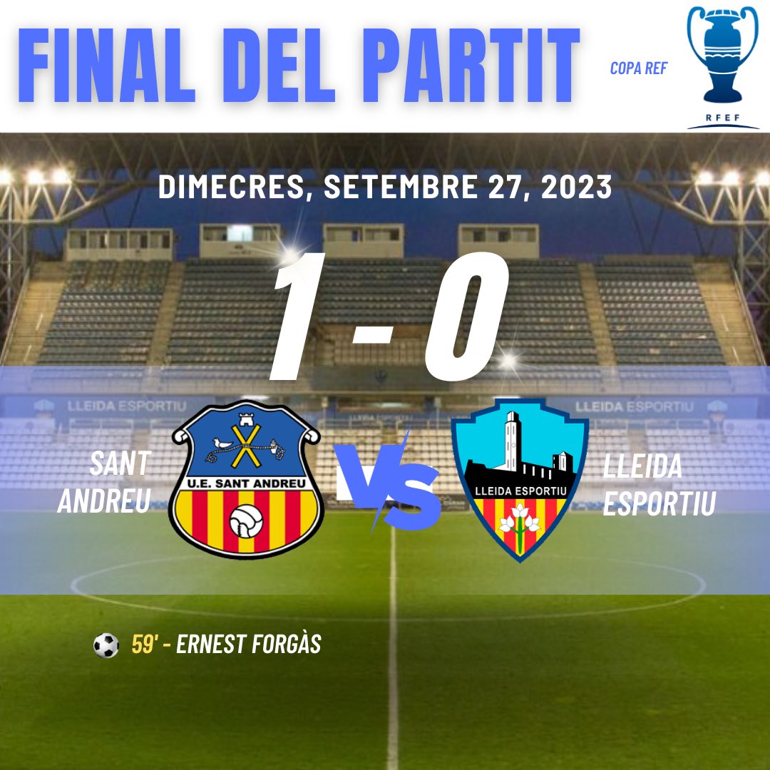 📣‼️Final al Narcís Sala!! El Lleida cau contra el Sant Andreu per la mínima i s’acomiada de la Copa Ref

Podeu llegir la crònica del partit: instagram.com/p/CxtXCjjtfS2/…

#LleidaEsportiu🤍💙 #BlauAlCor