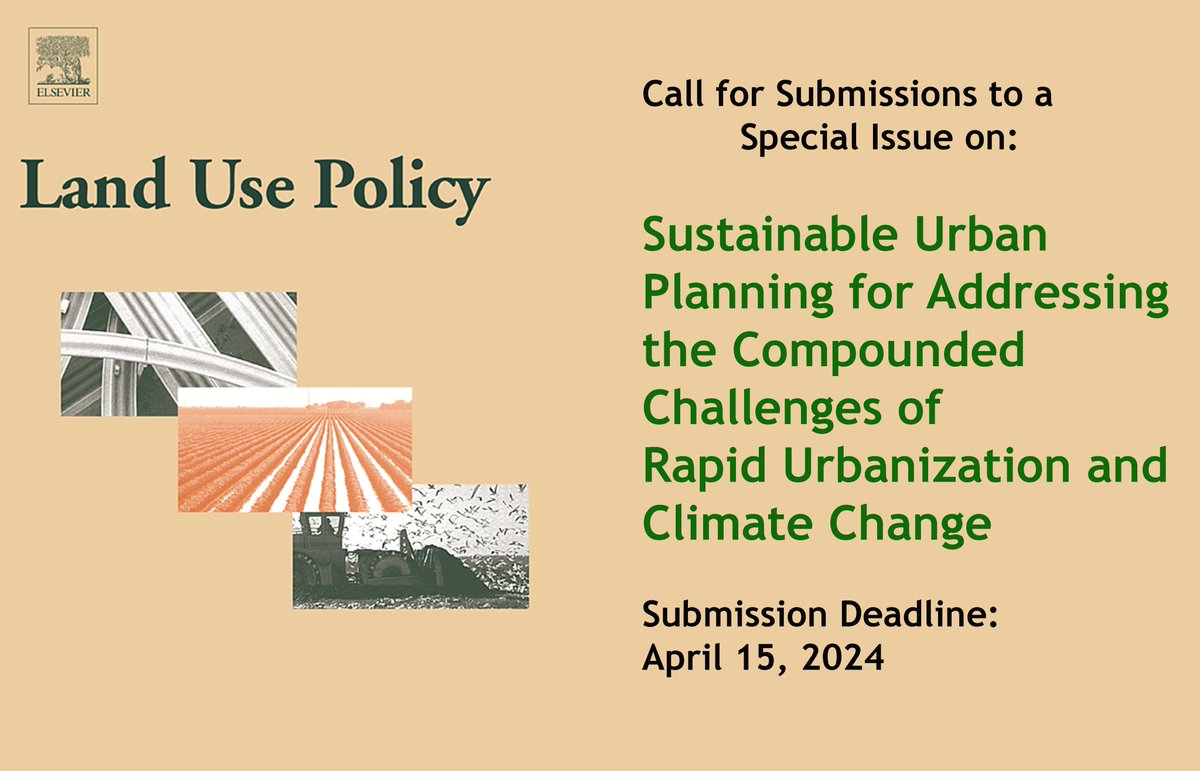 Call for submissions to a Special Issue on:

Sustainable Urban Planning for Addressing the Compounded Challenges of Rapid Urbanization and Climate Change

For more details, see: sciencedirect.com/journal/land-u…

#urbanplanning #climatechange #CfP