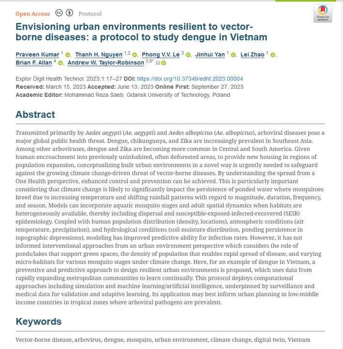 📣 New Article Sharing!  Envisioning urban environments resilient to vector-borne diseases: a protocol to study dengue in Vietnam
Authors: Praveen Kumar, Thanh H. Nguyen, Phong V.V. Le, Jinhui Yan, Lei Zhao, Brian F. Allan, Andrew W. Taylor-Robinson  📷explorationpub.com/Journals/edht/…