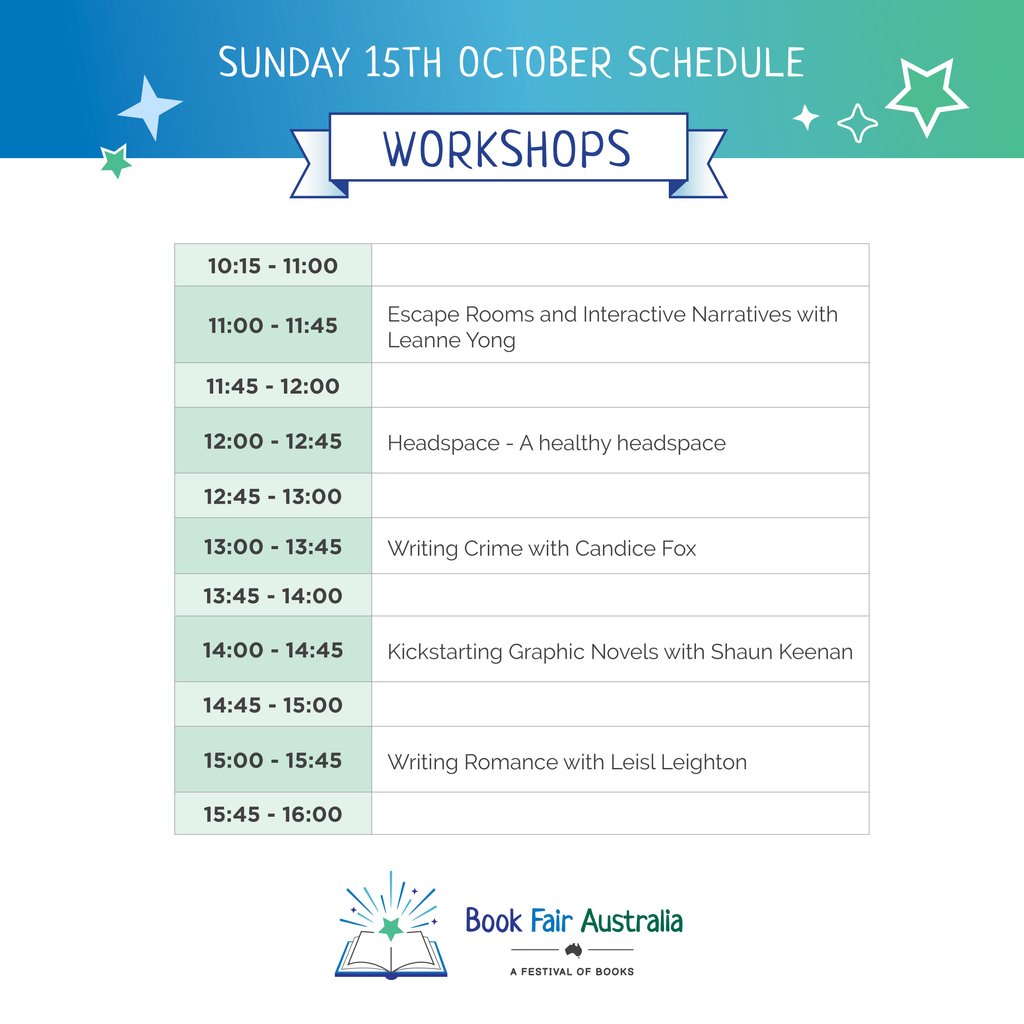 BookfairAus's tweet photo. Take a look at the schedule of amazing workshops running across the weekend at #BookFairAustralia 2023!

Book your spot on https://t.co/36UYwiv7vd https://t.co/DA8uTfeMou