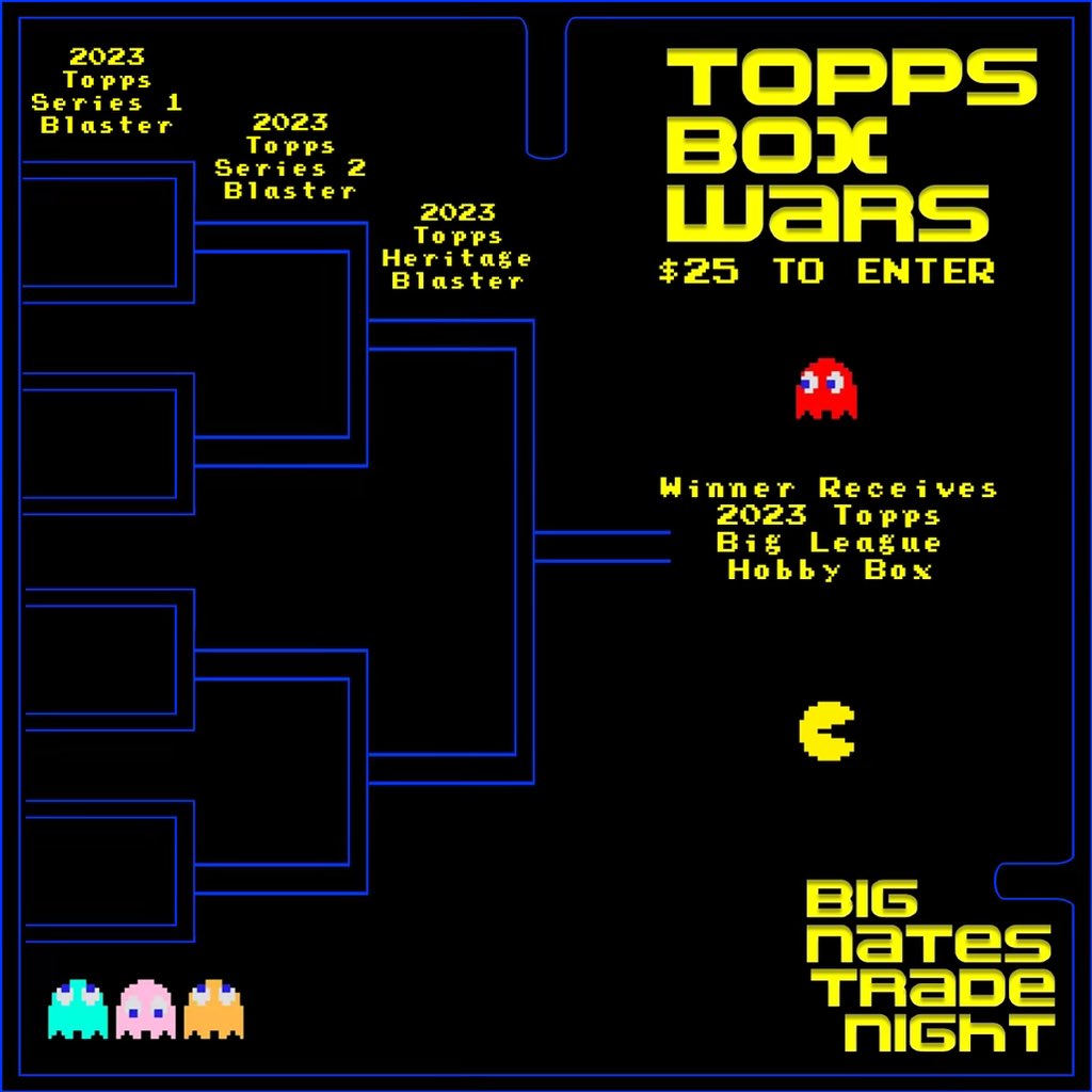 BigNatesTC's tweet photo. Excited to announce our Box Wars lineup for Trade Night!!!!  

$25 to enter!!  Guaranteed at least 1 blaster with a chance to win 3 more boxes!!!  

We will run as many brackets as we can fill. If you would like to put your name down early feel free to DM or tell us at the shop!! https://t.co/vhqoK5HwGA
