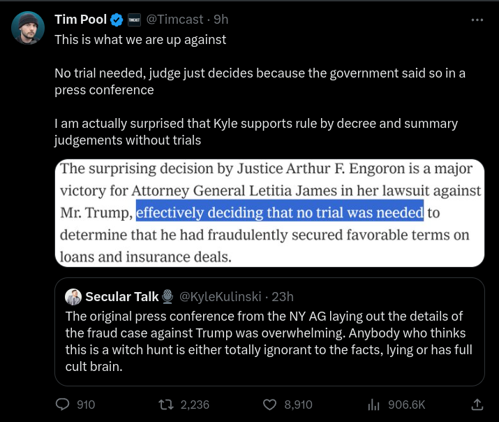 PimToolNews's tweet image. Tim Pool is currently losing his mind about Trump's businesses being found liable for fraud.

For whatever reason, his anger has been directed at @KyleKulinski (he made two full videos today calling Kyle a filthy communist). But Tim is wrong about both Kyle and the case itself.
