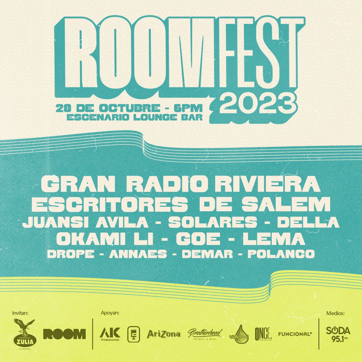 ConcertsMusicVe's tweet photo. La ruta festivalera va en dirección hacia Valencia con “Room Fest 2023” que busca diferenciarse por apoyar al talento nacional: @GRadioRiviera, @EscritoresSalem, @JuansiAvila, @goemusica, @listentolema, Solares, Della, Okami Li y más 🎶🤩

🗓️ 28 de Octubre
📍 Escenario Lounge Bar https://t.co/cRVBxgEanW