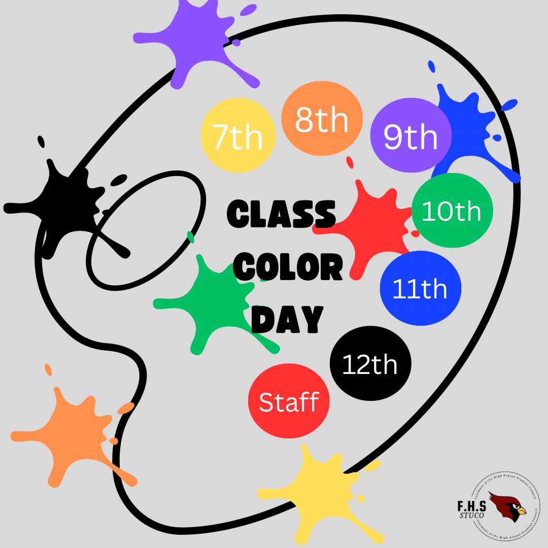 StuCo_Fairmont's tweet photo. tomorrow is class color day! make sure to deck out in your grades’ color!! https://t.co/rLmS7NMeQ3