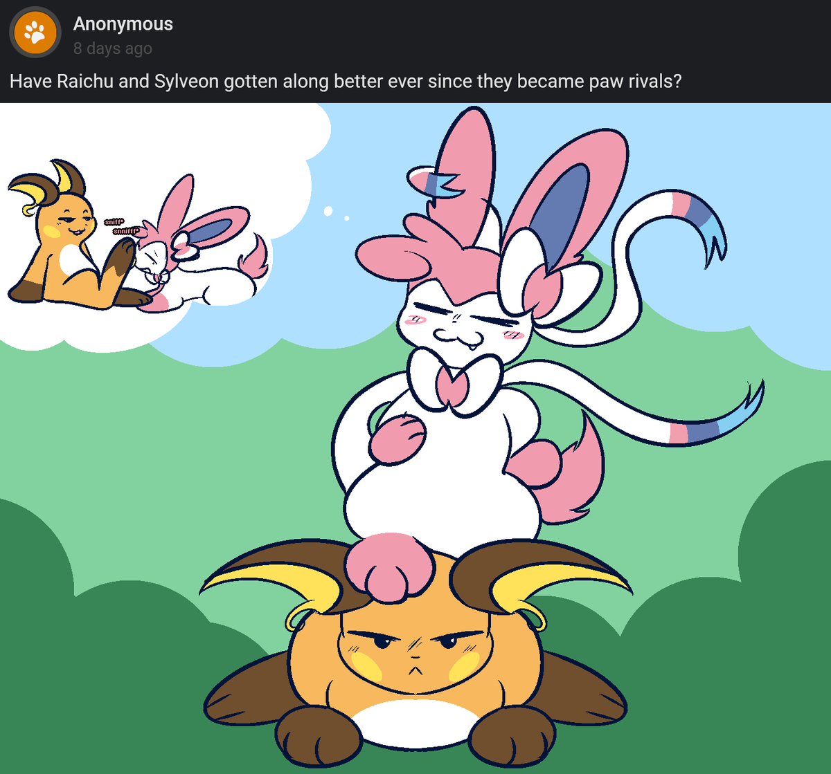 b_bun300's tweet photo. Have Raichu and Sylveon gotten along better ever since they became paw rivals? — They seem to be getting along about the same as they always had, although Sylveon's crush on Raichu seems to be growing. https://t.co/tLdZAvsNMt https://t.co/izIi9H9UJR