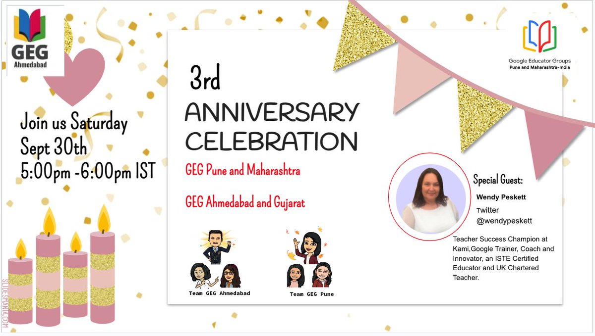 Hey all!! I am Back!!👋
 ❤️Join us to celebrate <a href="/GEGPune/">GEG Pune and Maharashtra</a> <a href="/GEGAhmedabad/">GEG Ahmedabad</a> 3rd Anniversary on Sept 30th 2023 at 5-m IST !! 
🥳We are Blessed to have <a href="/wendypeskett/">Wendy Peskett CTeach</a> to show <a href="/KamiApp/">Kami</a> to our community and give away @kami treats!!😍
Google Meet: meet.google.com/gwf-bvai-ijz