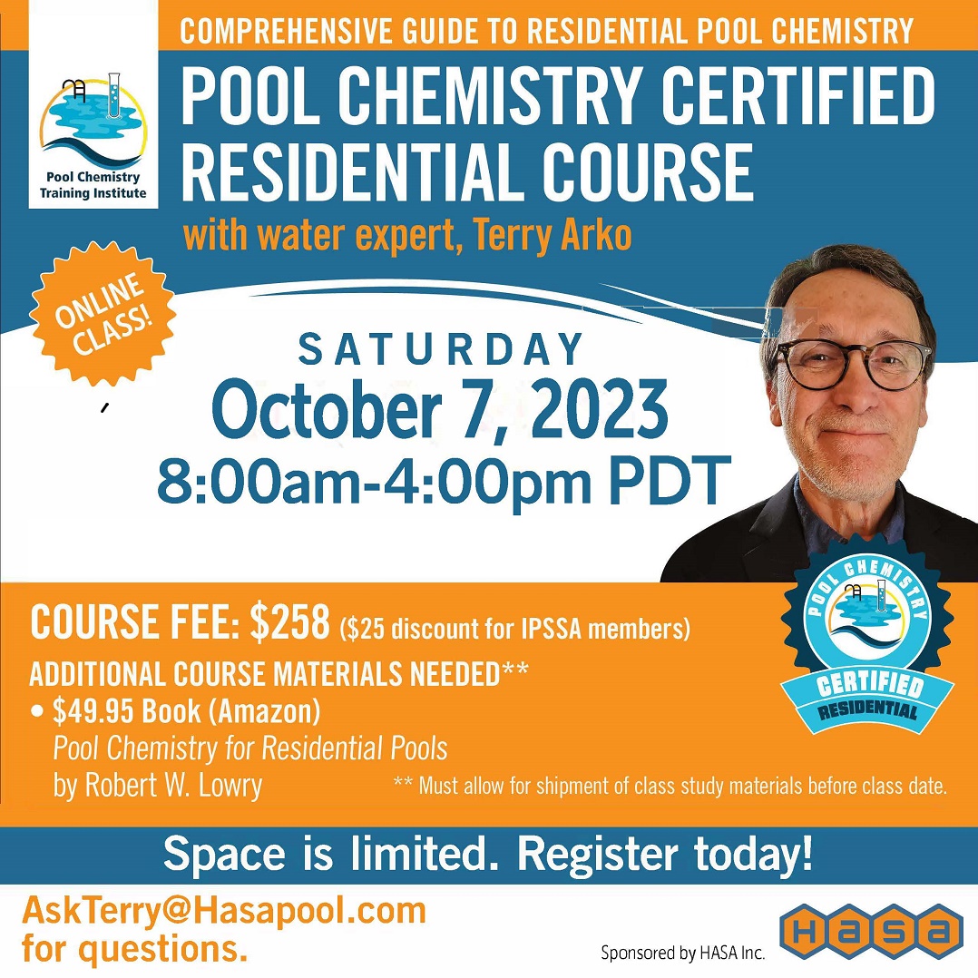 Get PCC-R certified on October 7th with a one-day online course and exam with Pool Chemistry Training Institute instructor Terry Arko.  Register and order your study materials today and you’ll be set.  Get registration info here: bit.ly/48u5hr7