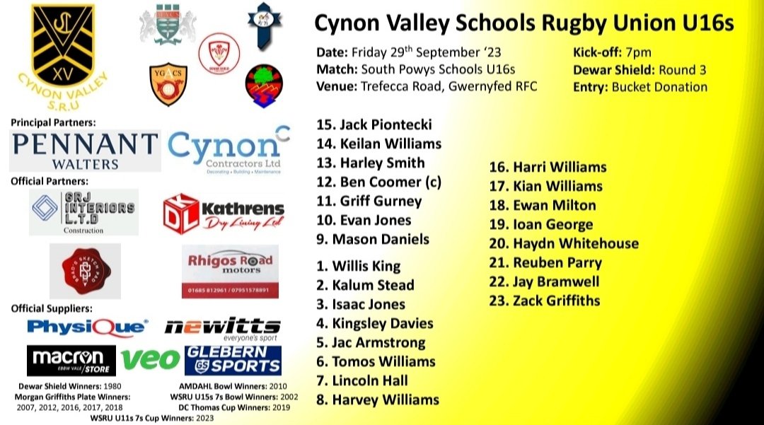 📢 Y11/U16s Dewar Shield:

Here is your <a href="/CVSRU/">Cynon Valley SRU</a> squad to play <a href="/SPowysSRU/">SouthPowysSRU</a> this Friday 7pm <a href="/GwernyfedRFC/">Gwernyfed RFC</a> 🖤💛🏉

<a href="/AllWalesSport/">All Wales Sport</a> <a href="/AberdareOnline/">AberdareOnline</a> <a href="/WRU_Community/">WRU Community - Wrth galon y genedl</a> <a href="/Cardiff_Pathway/">Cardiff Rugby Age-Grade and Academy</a> <a href="/ACS_Sport/">ACS Sport, Health & Well-Being</a> <a href="/WRUHub_MACS/">WRU Hub_MACS</a> <a href="/AGRhydywaunPE/">AGRhydywaunPE</a> <a href="/StjohnboysPE/">St Johns Aberdare Boys Health & Well Being 💪</a>