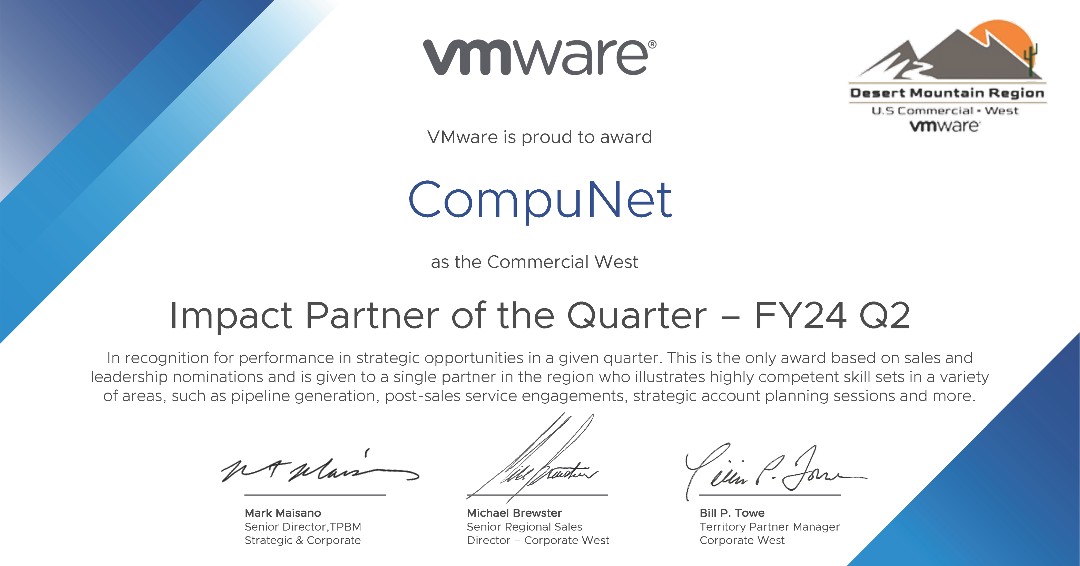 It's an honor to announce that we have been awarded "Impact Partner of the Quarter" for FY24 Q2 from <a href="/VMware/">VMware</a>! We look forward to continuing our strong relationship with our fantastic partner.
.
.
.
#CompuNet #VMware #Award #Partner