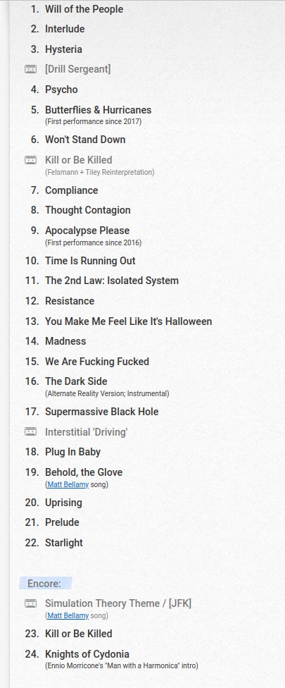 muse_iwantruth's tweet photo. Setlist complete ✅ It is 1 shorter compared to stadiums (Undiclosed removed. Bliss and Verona replaced by B&amp;H and Apocalypse) https://t.co/riQYe4lgsK