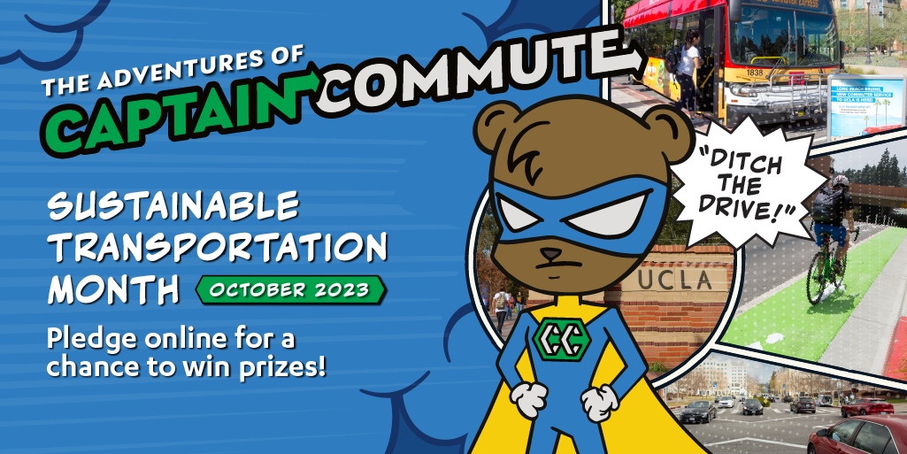A new superhero has arrived urging you to "Ditch the Drive!" 🦸 

Captain Commute is helping Bruins fight gridlock during Sustainable Transportation Month this October.

Pledge for the chance to win prizes and join us at our on-campus events next week! ⬇️ transportation.ucla.edu/blog/ucla-sust…