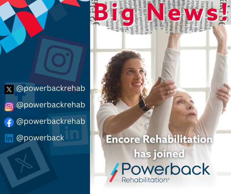 EncoreRehab's tweet photo. Big News! We're thrilled to announce that Encore Rehabilitation has joined with Powerback Rehabilitation!

We're excited to unite our strengths to offer therapy solutions that are better than ever.

Encore social media will be integrated into Powerback as part of this merger. https://t.co/DbxJlP5q0W