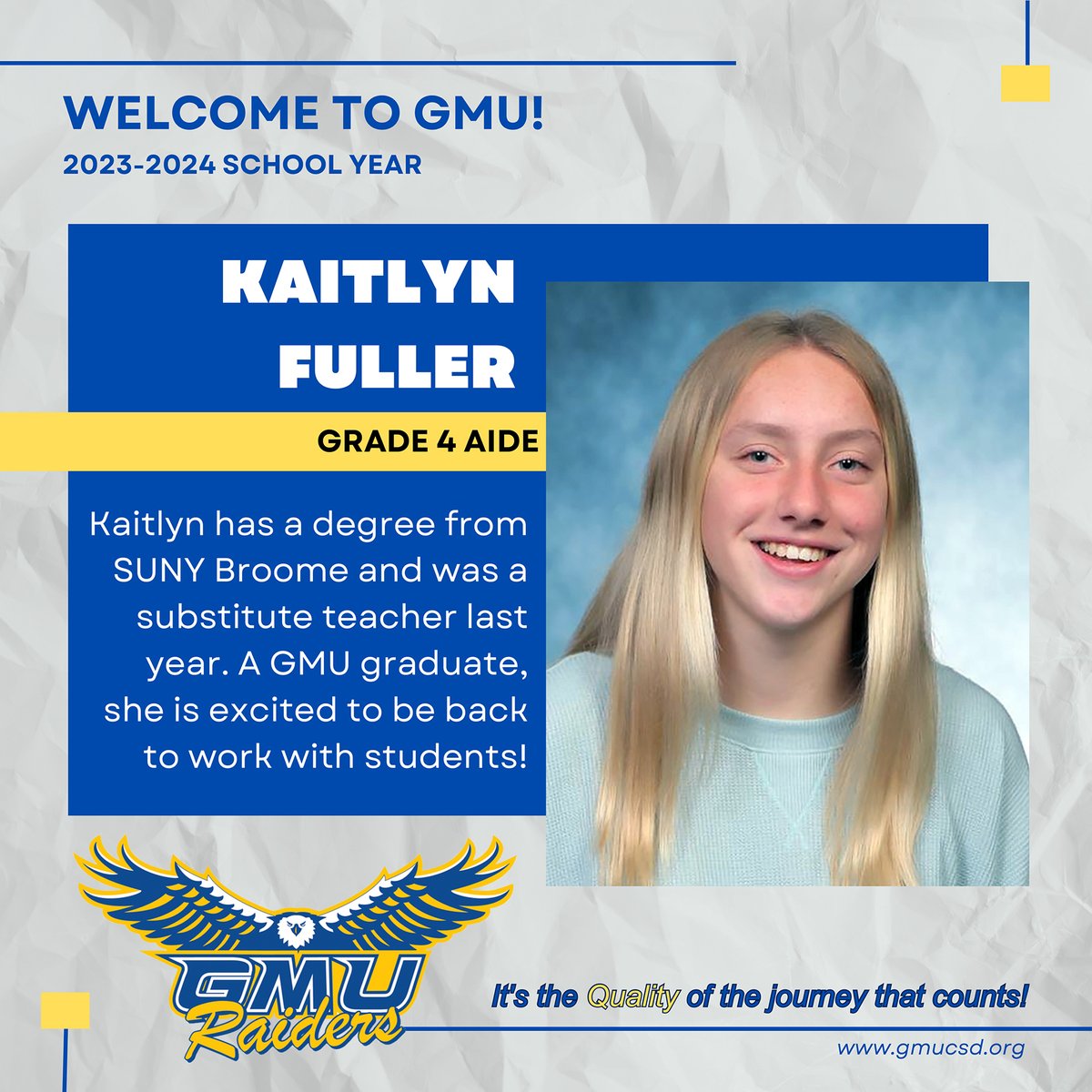 GMUCentral's tweet photo. WELCOME TO GMU!
Please join us in welcoming the newest members of our faculty and staff to the #GMUFamily!
Visit our Facebook page to find out more about aides Kaitlyn Fuller and Kendra Harris, and to see more new faces at GMU!
#GMUnity #QualityOfTheJourney https://t.co/jvti5MIsxD