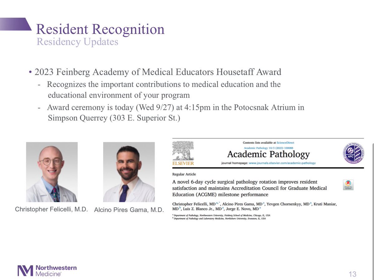 LuisBlancoJrMD's tweet photo. 💜 is full with #PurplePride. @NU_Pathology residents @AlcinoGama &amp; @FeliPathMD were recognized for their innovative work in #SurgicalPathology training at @NUFeinbergMed Education Day! @NU_FAME @McGawGME @DanielJBrat @NayarRitu @novo_pathology @bonnie_choy https://t.co/1MfLWfmiMQ