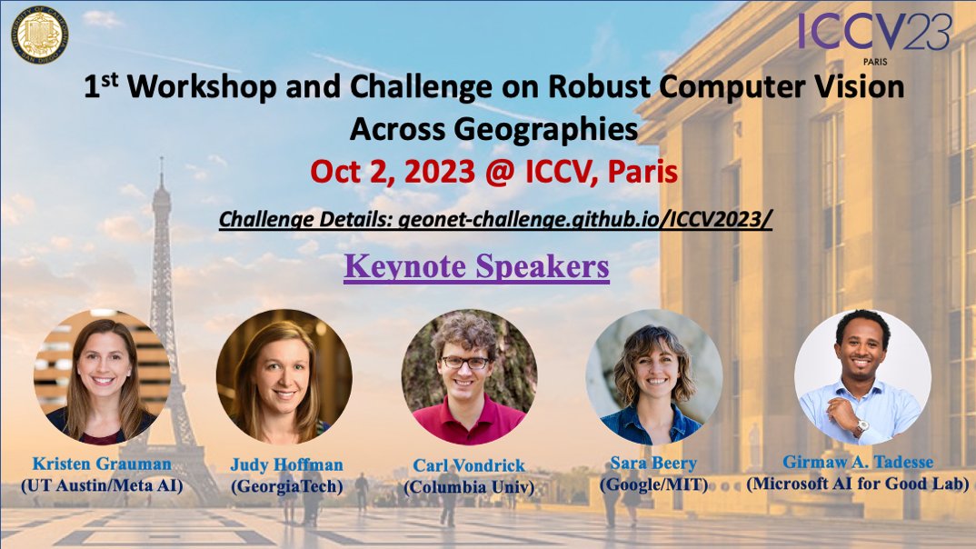 Join us at #ICCV2023 in Paris for the inaugural workshop on Robust Computer Vision Across Geographies, which includes keynotes by an exciting line-up of speakers, and oral talks by the winners of the GeoNet domain adaptation challenge!

Website: geonet-challenge.github.io/ICCV2023/