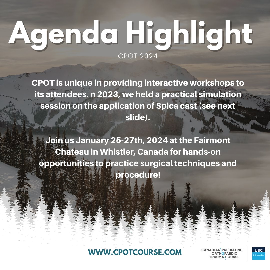 cpotcourse's tweet photo. CPOT has a variety of interactive workshops, including spica cast applications that correct for hip dysplasia in young children. Join us January 25-27th at the Fairmont Chateau Whistler to get this hands-on, practical experience.

Visit https://t.co/vPBEF3oOs4 for more details. https://t.co/iKN0Dh1XY2